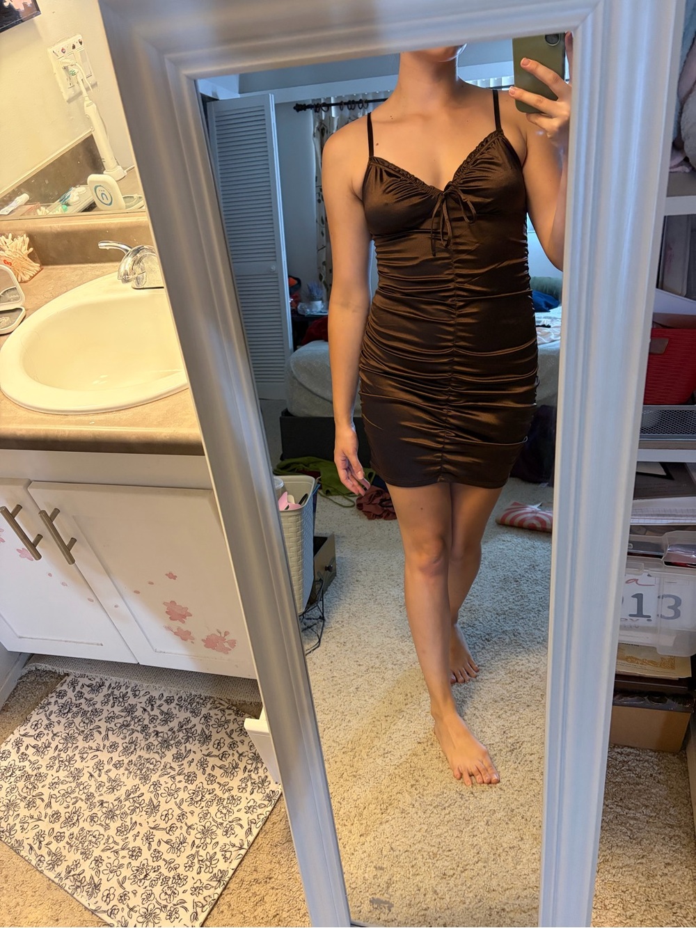 H&M Brown Ruched Satin Mini Dress